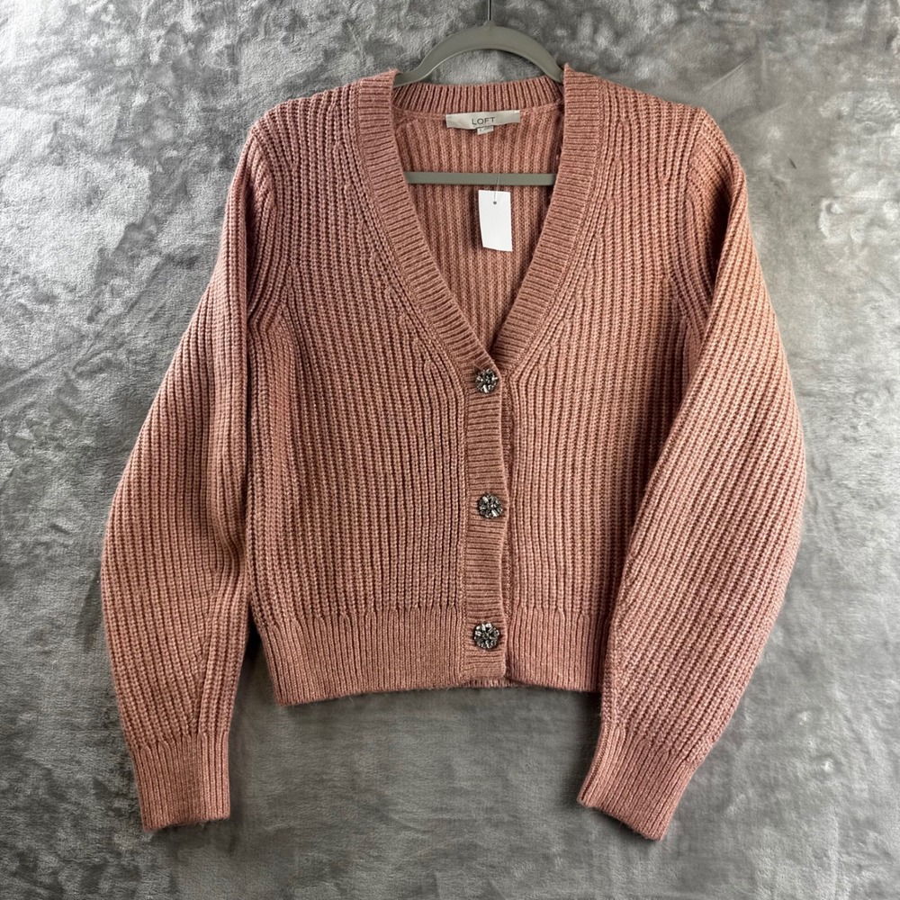 LOFT Cardigan Women S Pink Shimmer Metallic Rhinestone Button Shaker (1854)